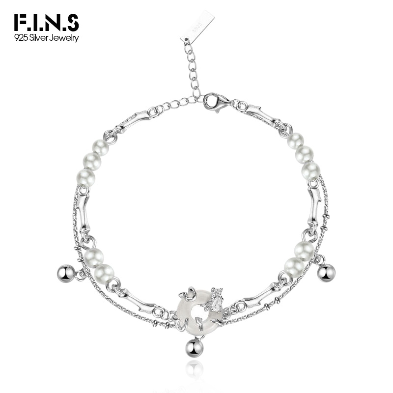 Lobster Clasp Silver - F.i.n.s-中国風のスターリングシルバー翡翠ブレスレット,ハンドメイドシェルパール,ダブルチェーン,ファインジュエリー